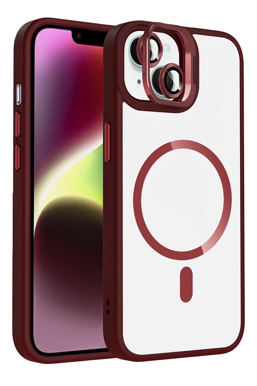 Mey İthalat®   iPhone 14 Remim Lensli Magsafe Standlı Kapak - Bordo