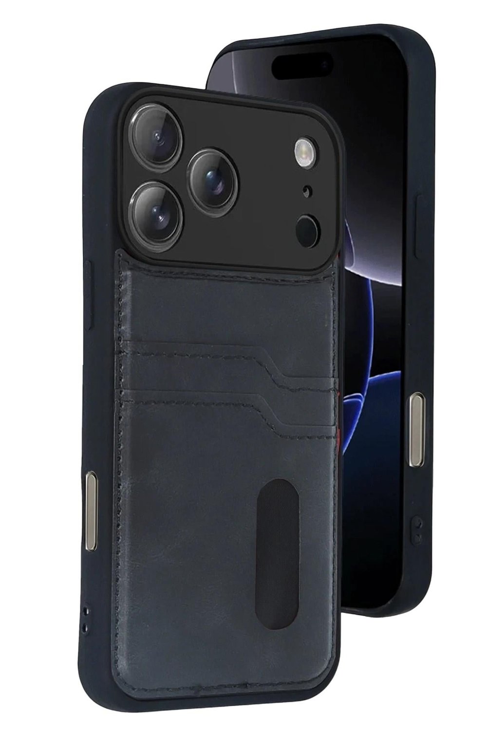 Mey İthalat®   iPhone 17 Pro Max Sara Kartvizitli Deri Kılıf - Siyah