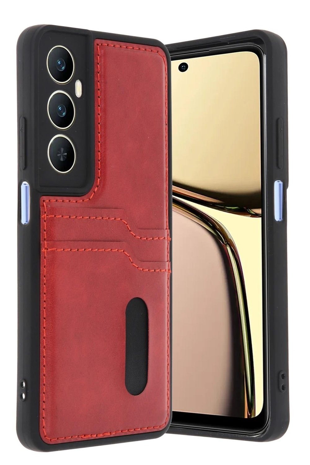 Mey İthalat®  Realme C65 Sara Kartvizitli Deri Kılıf - Kırmızı