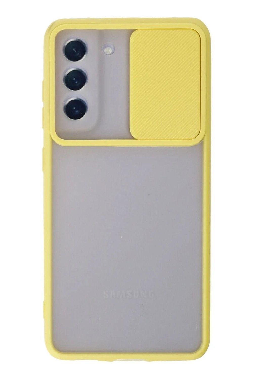 Mey İthalat®  Samsung Galaxy S21 FE Kılıf Palm Buzlu Kamera Sürgülü Silikon - Sarı
