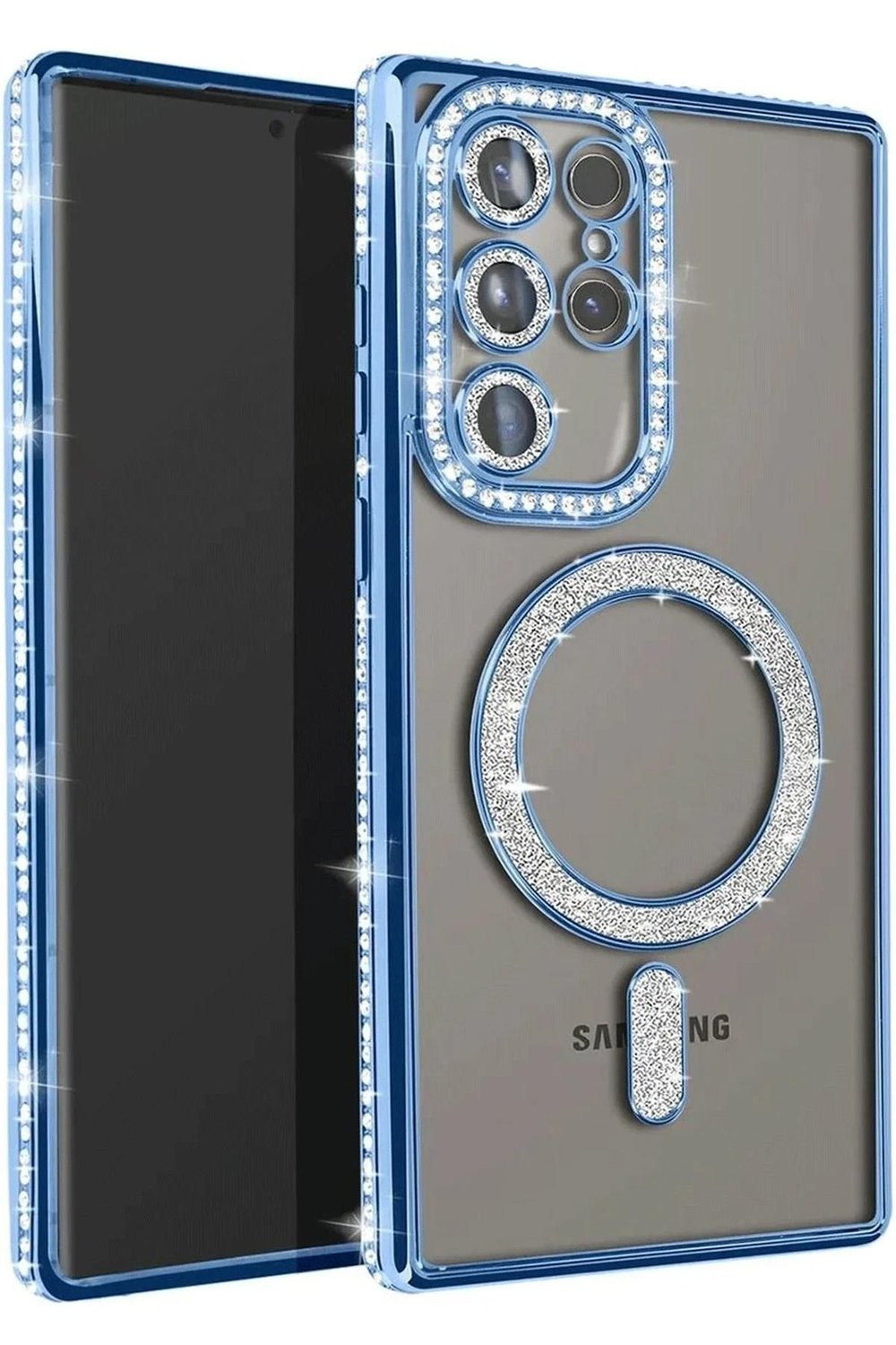 Mey İthalat®  Samsung Galaxy S23 Ultra Joke Simli Magneticsafe Kılıf - Mavi