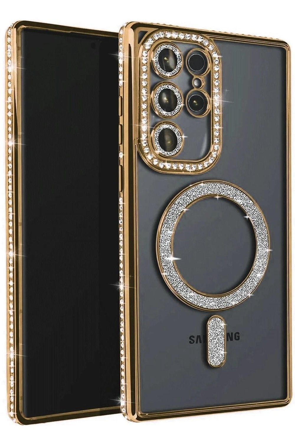 Mey İthalat®  Samsung Galaxy S23 Ultra Joke Simli Magneticsafe Kılıf - Gold