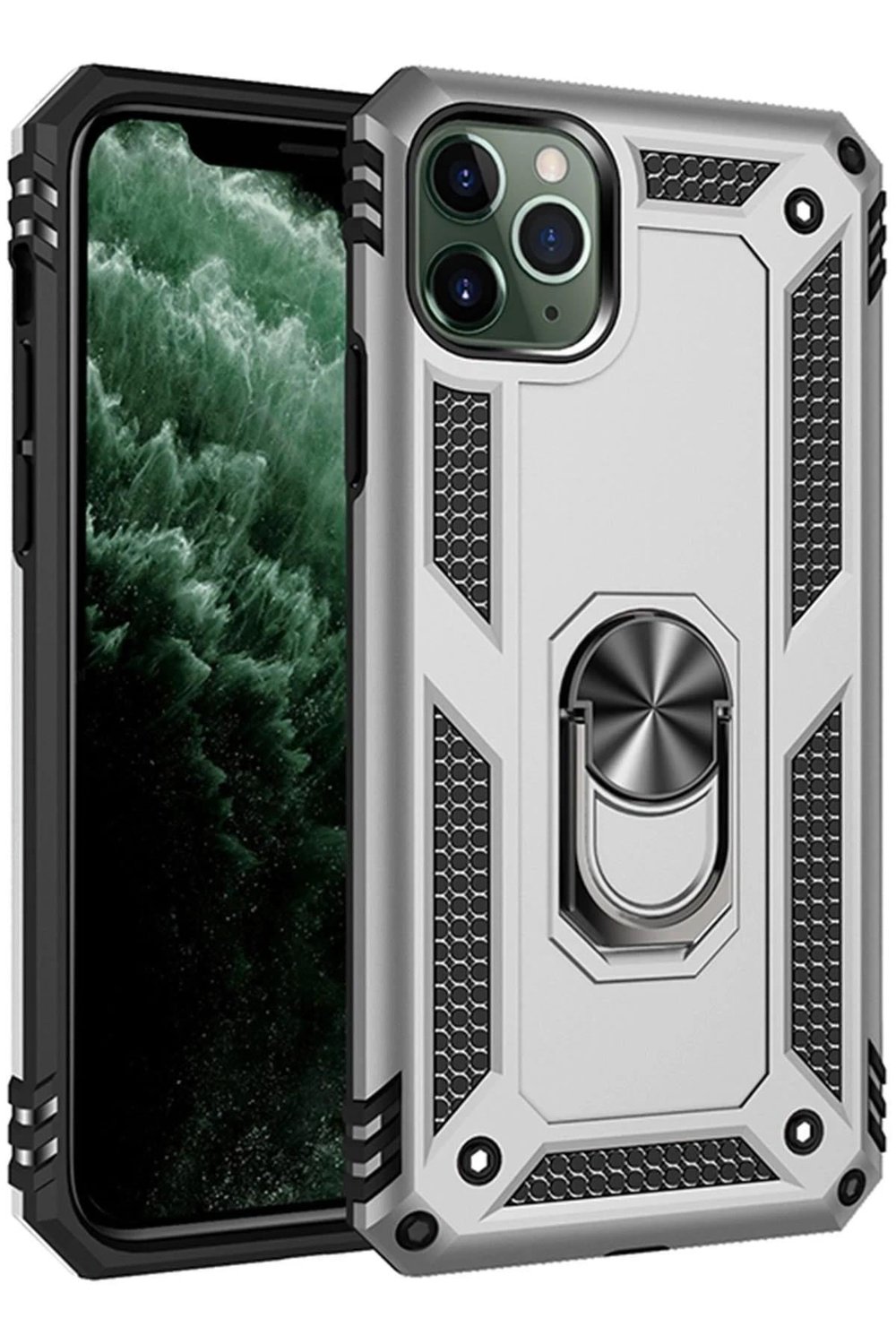 Mey İthalat®  iPhone 11 Pro Max Kılıf Sofya Yüzüklü Silikon Kapak - Gümüş