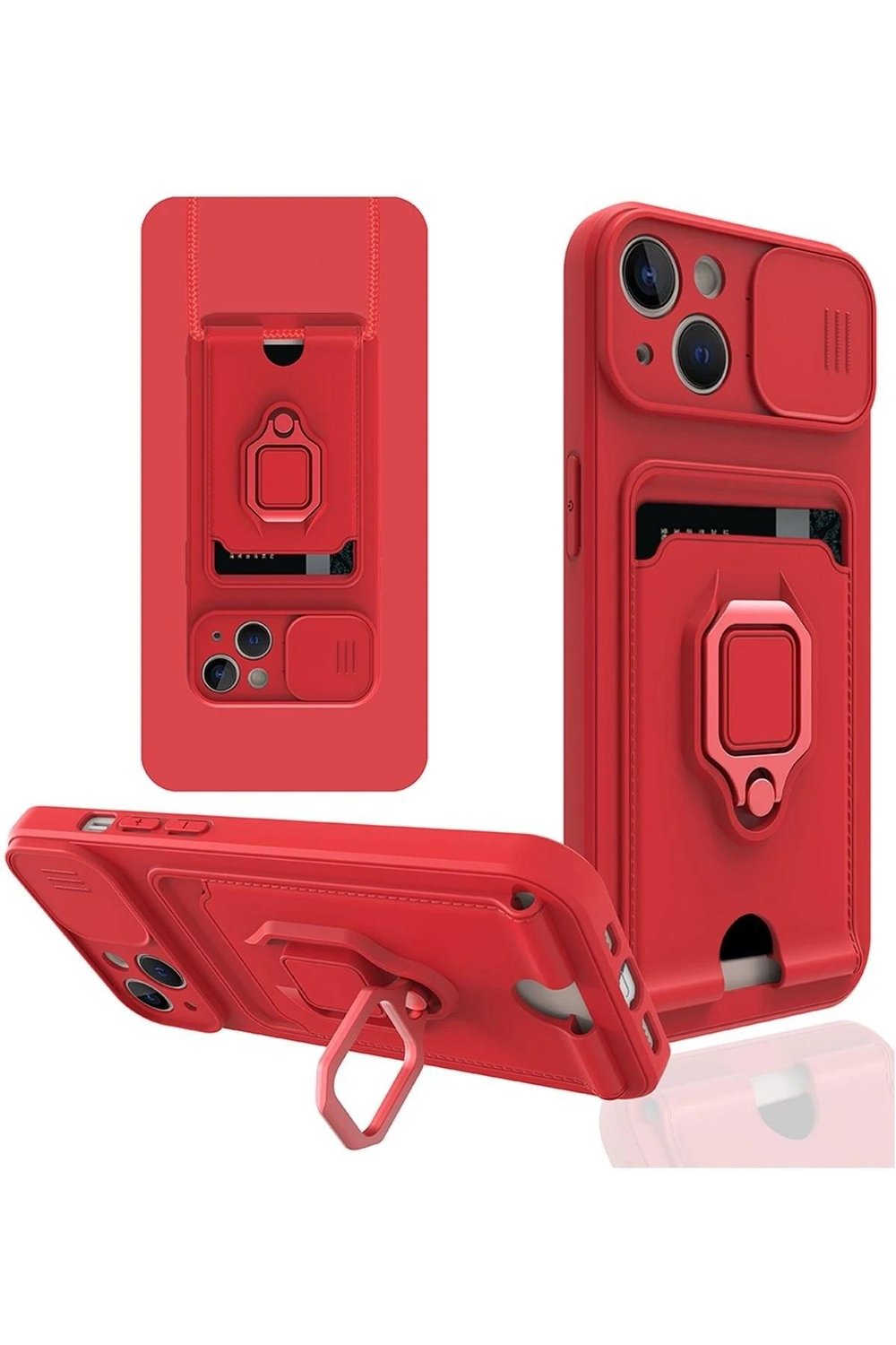 Mey İthalat®  iPhone 13 Kılıf Zuma Kartvizitli Yüzüklü Silikon - Kırmızı