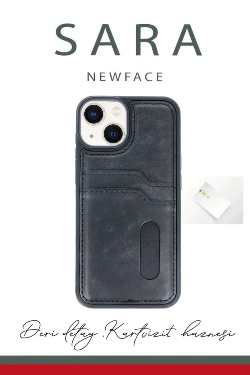 Mey İthalat®  iPhone 14 Kılıf Sara Kartvizitli Deri Kılıf - Siyah