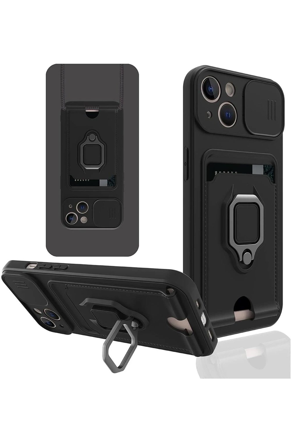 Mey İthalat®  iPhone 14 Plus Kılıf Zuma Kartvizitli Yüzüklü Silikon - Siyah