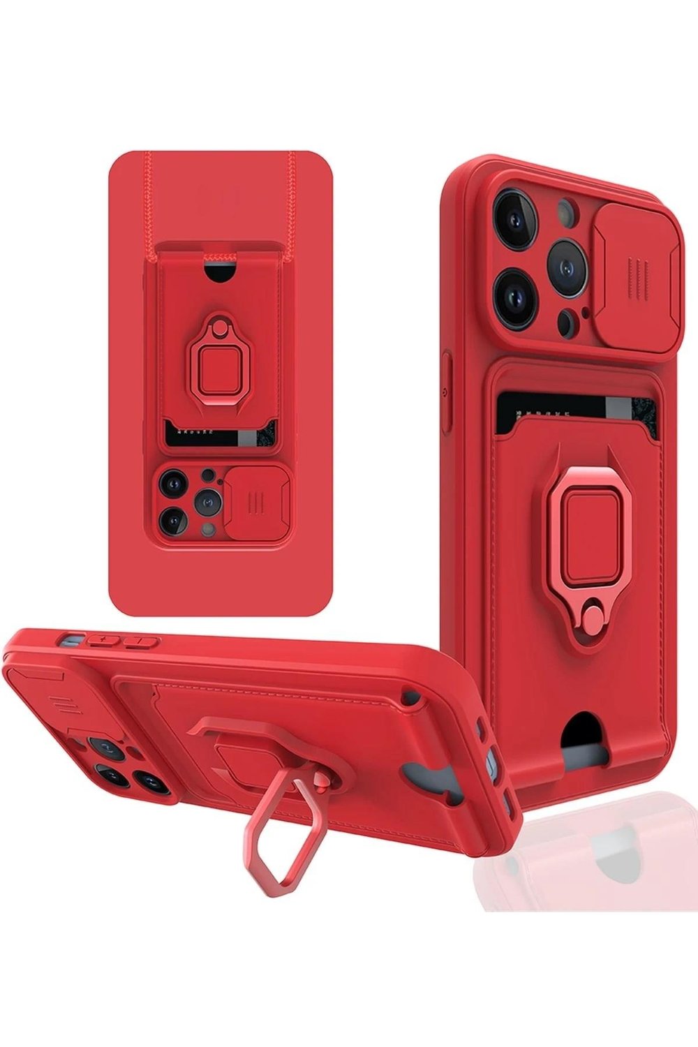 Mey İthalat®  iPhone 14 Pro Kılıf Zuma Kartvizitli Yüzüklü Silikon - Kırmızı
