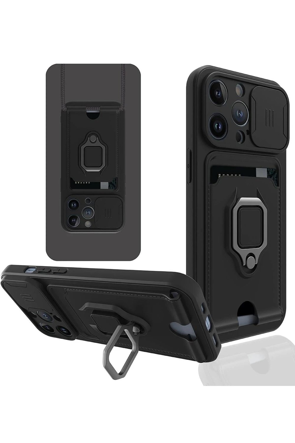 Mey İthalat®  iPhone 14 Pro Kılıf Zuma Kartvizitli Yüzüklü Silikon - Siyah