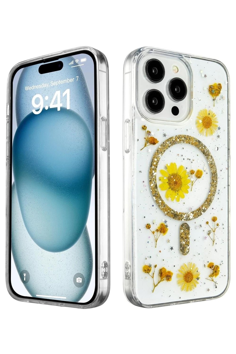 Mey İthalat®  iPhone 15 Pro Max Kılıf Daisy Simli Magsafe Kapak - Gold