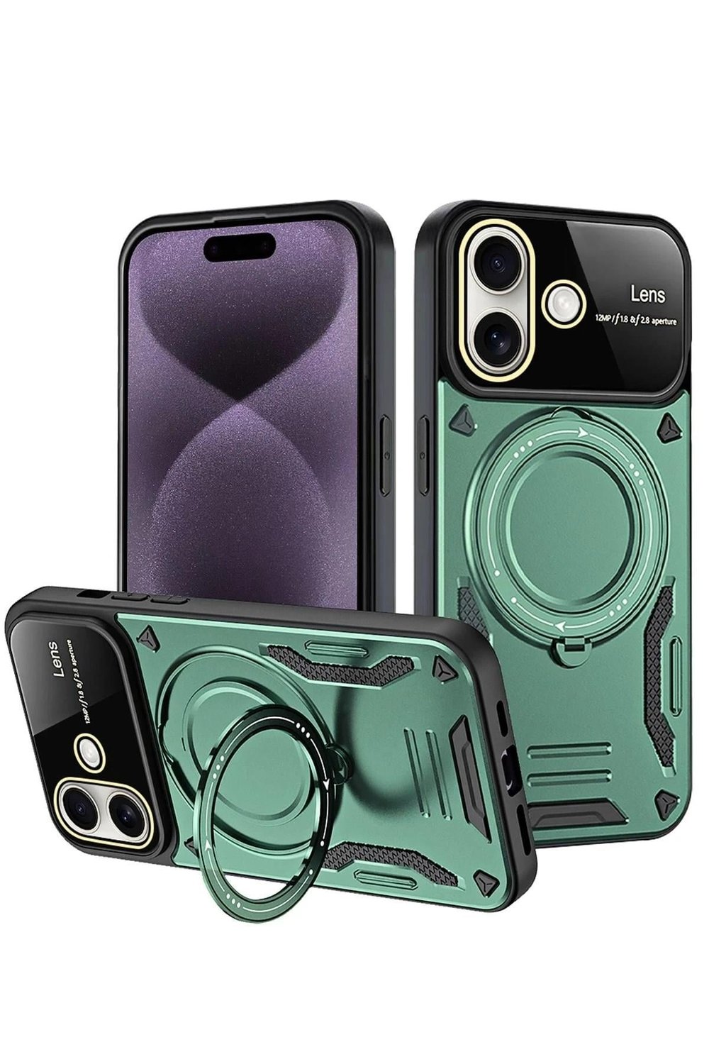 Mey İthalat®  iPhone 16 Kılıf Joy Lens Standlı Kapak - Koyu Yeşil