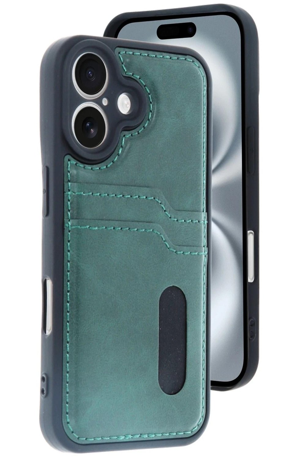 Mey İthalat®  iPhone 16 Kılıf Sara Kartvizitli Deri Kılıf - Koyu Yeşil