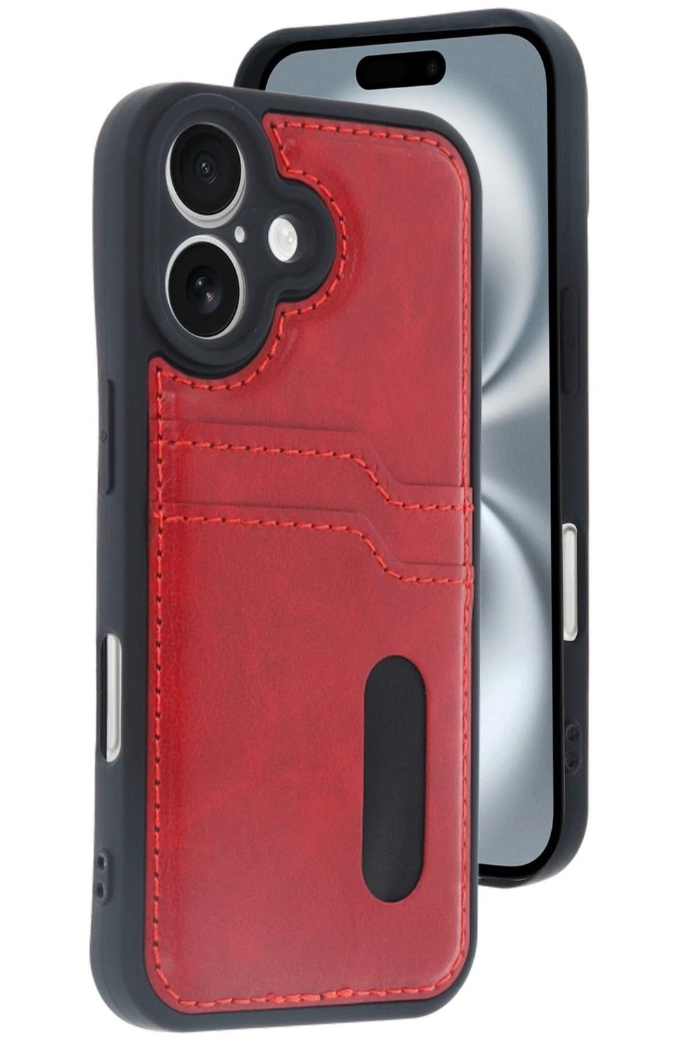 Mey İthalat®  iPhone 16 Kılıf Sara Kartvizitli Deri Kılıf - Kırmızı
