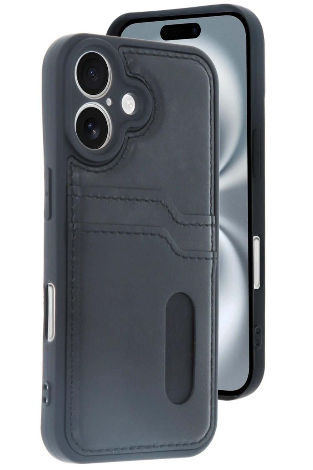 Mey İthalat®  iPhone 16 Kılıf Sara Kartvizitli Deri Kılıf - Siyah