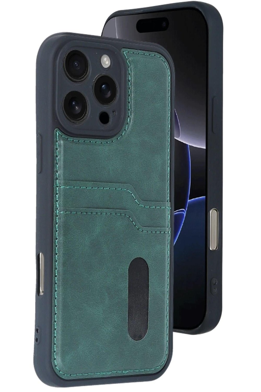 Mey İthalat®  iPhone 16 Pro Max Kılıf Sara Kartvizitli Deri Kılıf - Koyu Yeşil