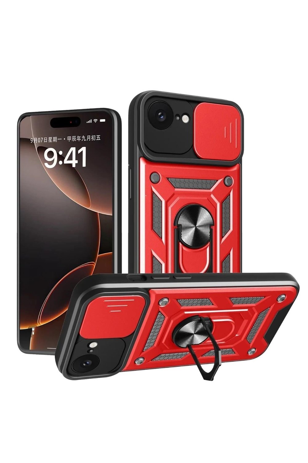 Mey İthalat®  iPhone 16E Kılıf Pars Lens Yüzüklü Silikon - Kırmızı