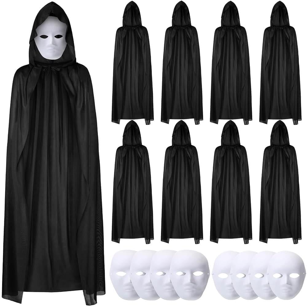 Mey İthalat® 120 cm Siyah Kapüşonlu Pelerin ve Boyanabilir Karton Maske 8’li Set