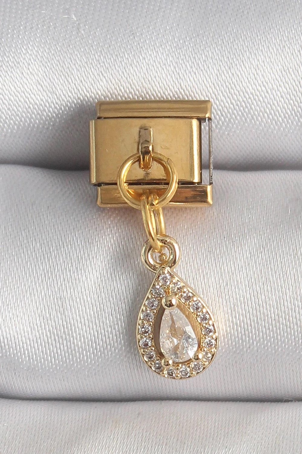 Mey İthalat® 316L Çelik Gold Renk Sallantı Damla Zirkon Taşlı Nomination Charm