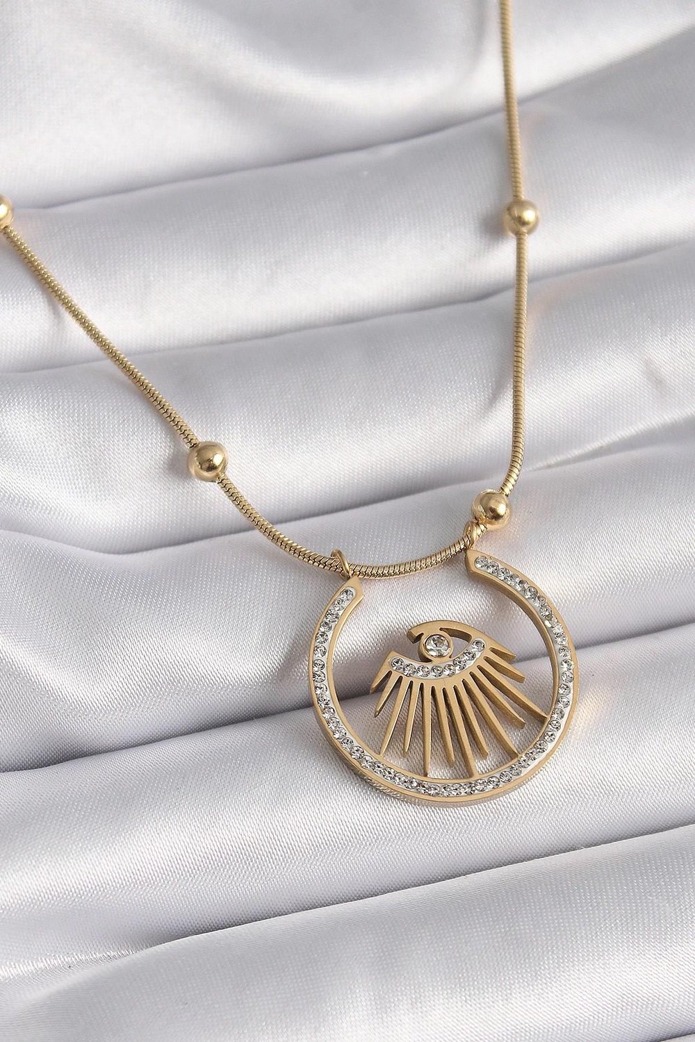Mey İthalat® 316L Çelik Gold Renk Zirkon Taşlı Göz Model Kadın Kolye