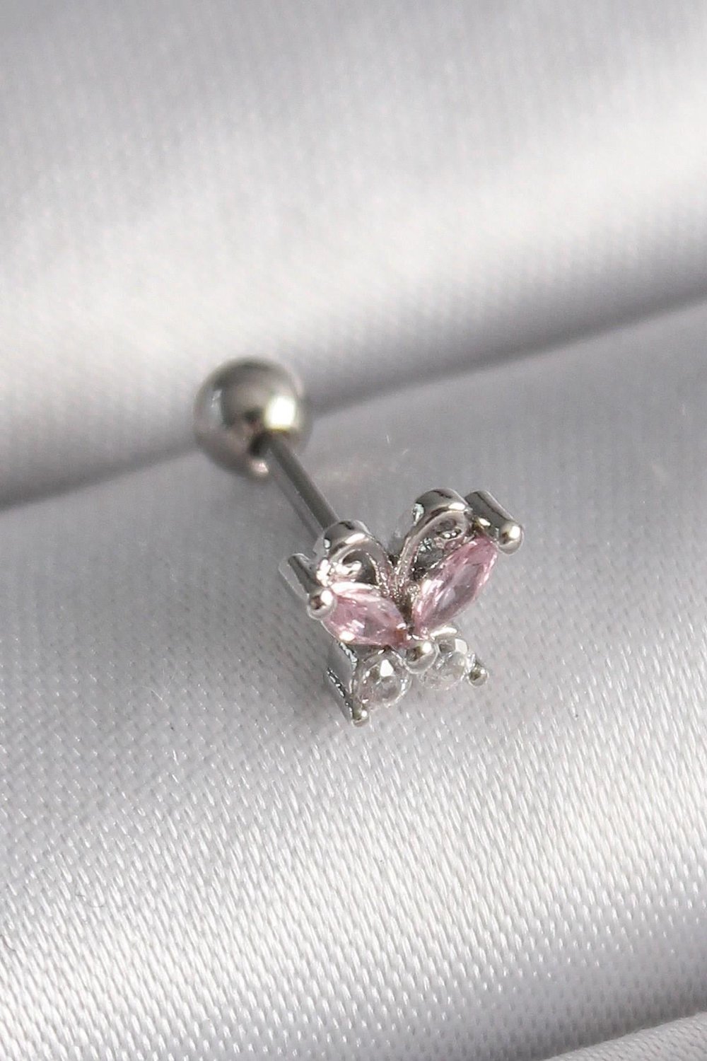 Mey İthalat® 316L Çelik Gümüş Renk Pembe Zirkon Taşlı Kelebek Tragus Piercing