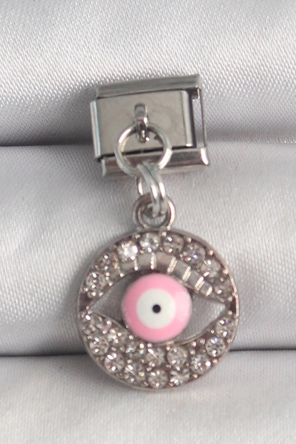 Mey İthalat® 316L Çelik Gümüş Renk Sallantı Zirkon Taşlı Pembe Göz Model Nomination Charm