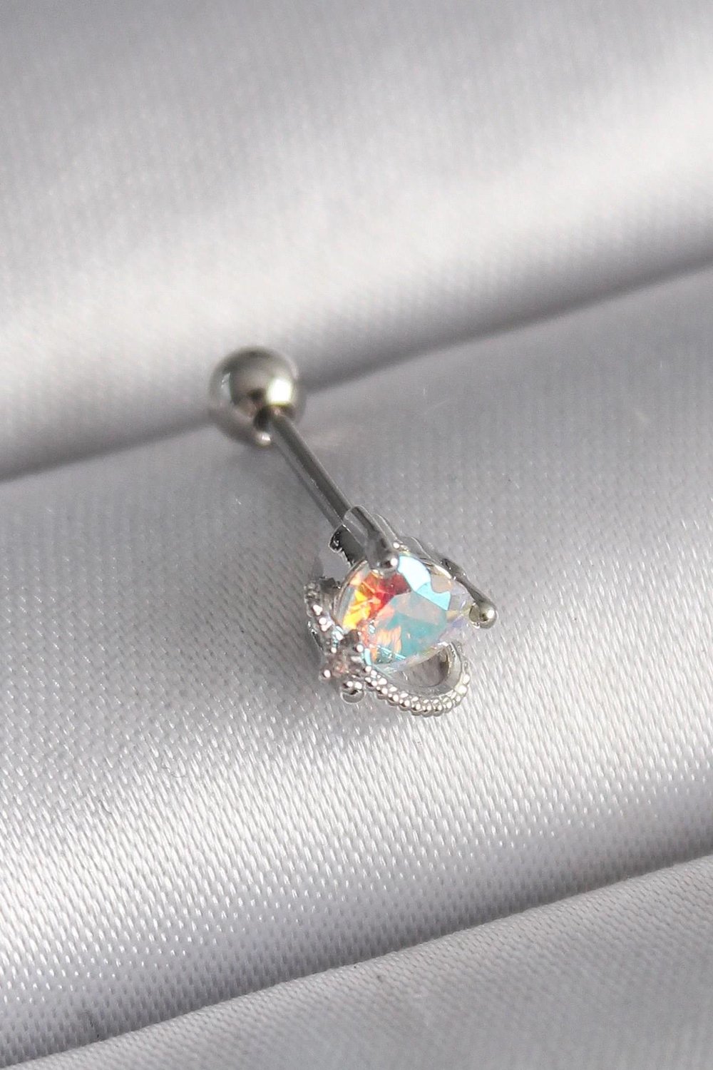 Mey İthalat® 316L Çelik Gümüş Renk Zirkon Taşlı Kalp Tragus Piercing