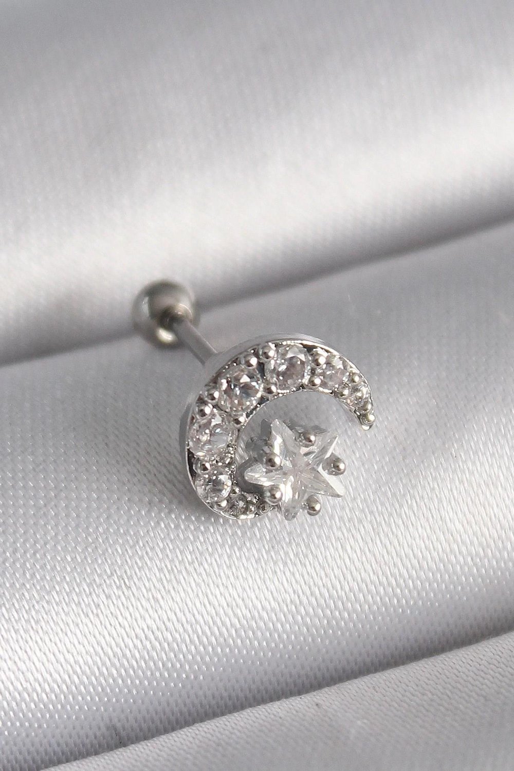 Mey İthalat® 316L Çelik Gümüş Renk Zirkon Taşlı Ay Yıldız Tragus Piercing