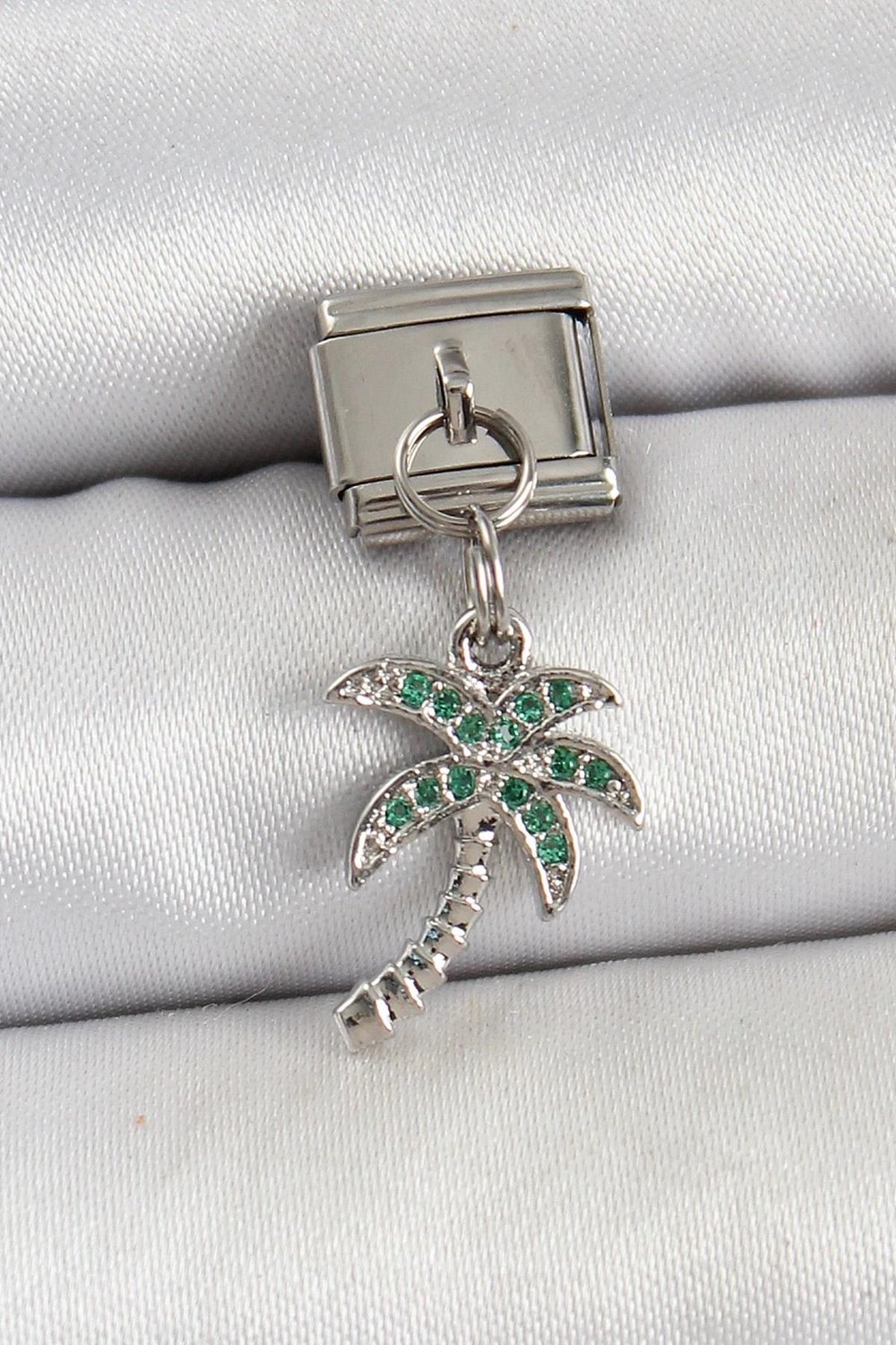 Mey İthalat® 316L Çelik Sallantılı Zirkon Taşlı Palmiye Ağacı Model Gümüş Renk Nomination Charm