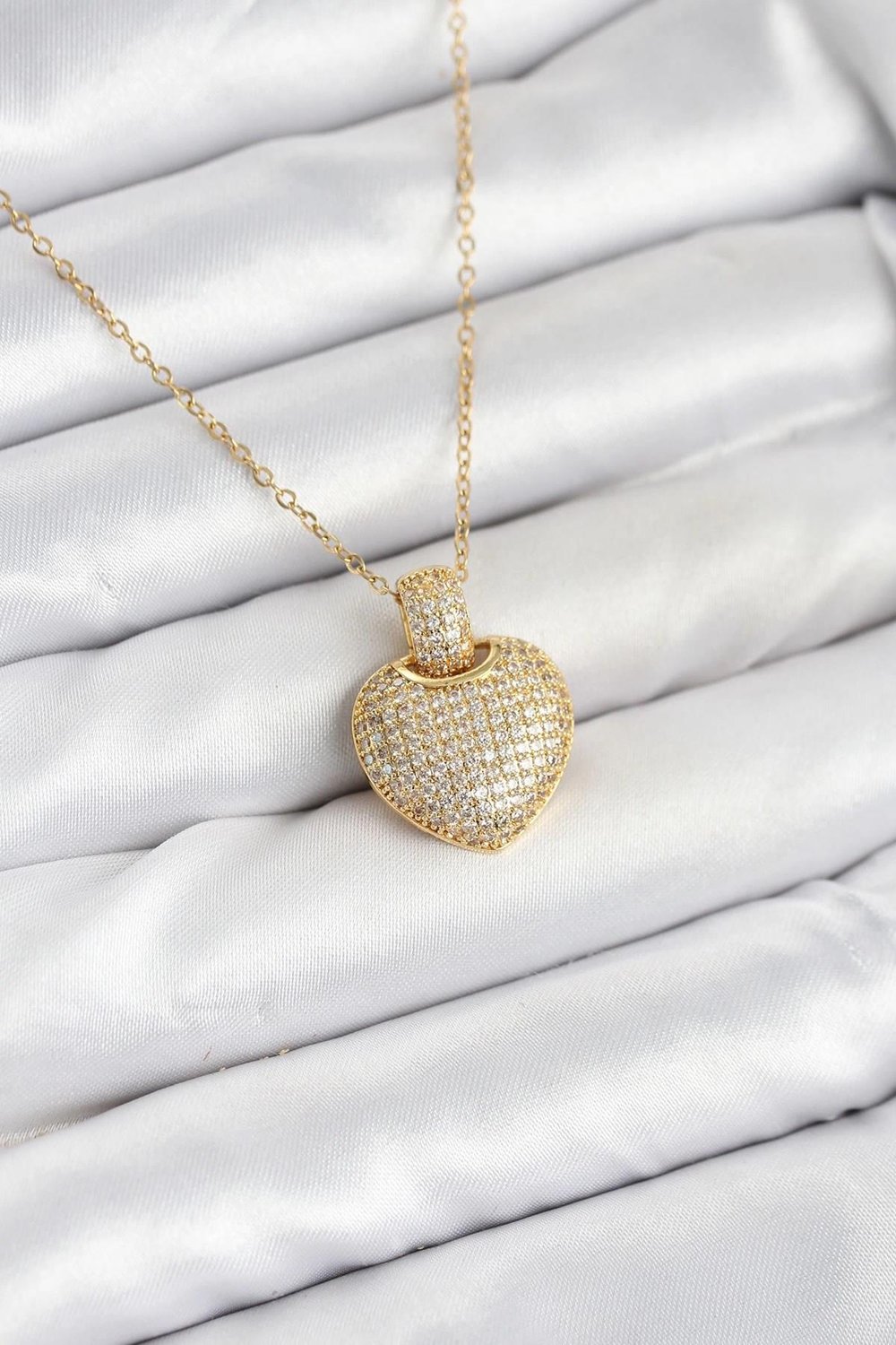 Mey İthalat® 316L Çelik Zincir Gold Renk Zirkon Taşlı Kalpli Kadın Kolye