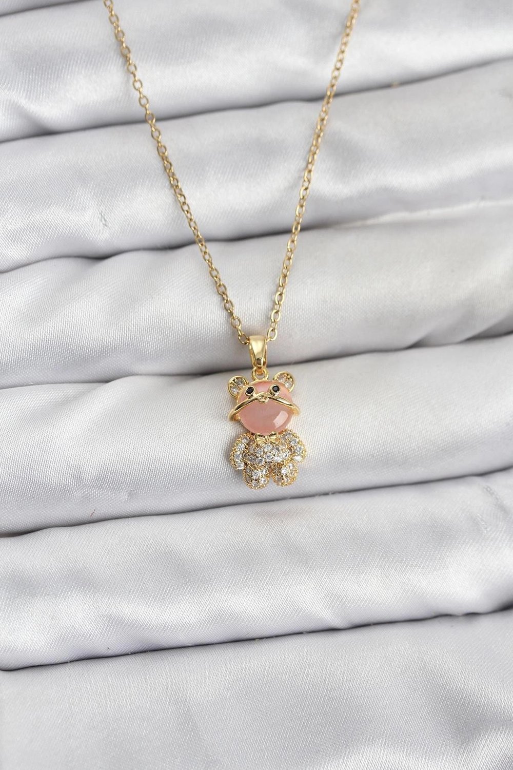 Mey İthalat® 316L Çelik Zincir Gold Renk Teddy Bear Model Zirkon Taşlı Kadın Kolye