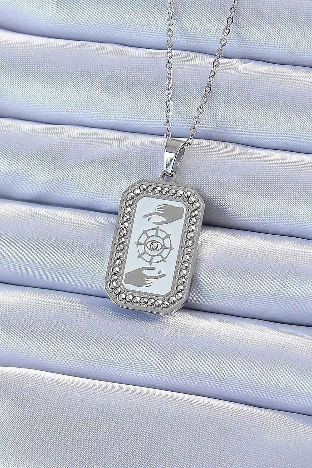 Mey İthalat® 316L Çelik Zincir Gümüş Renk Mineli Zirkon Taşlı Göz Figür Tarot Kolye