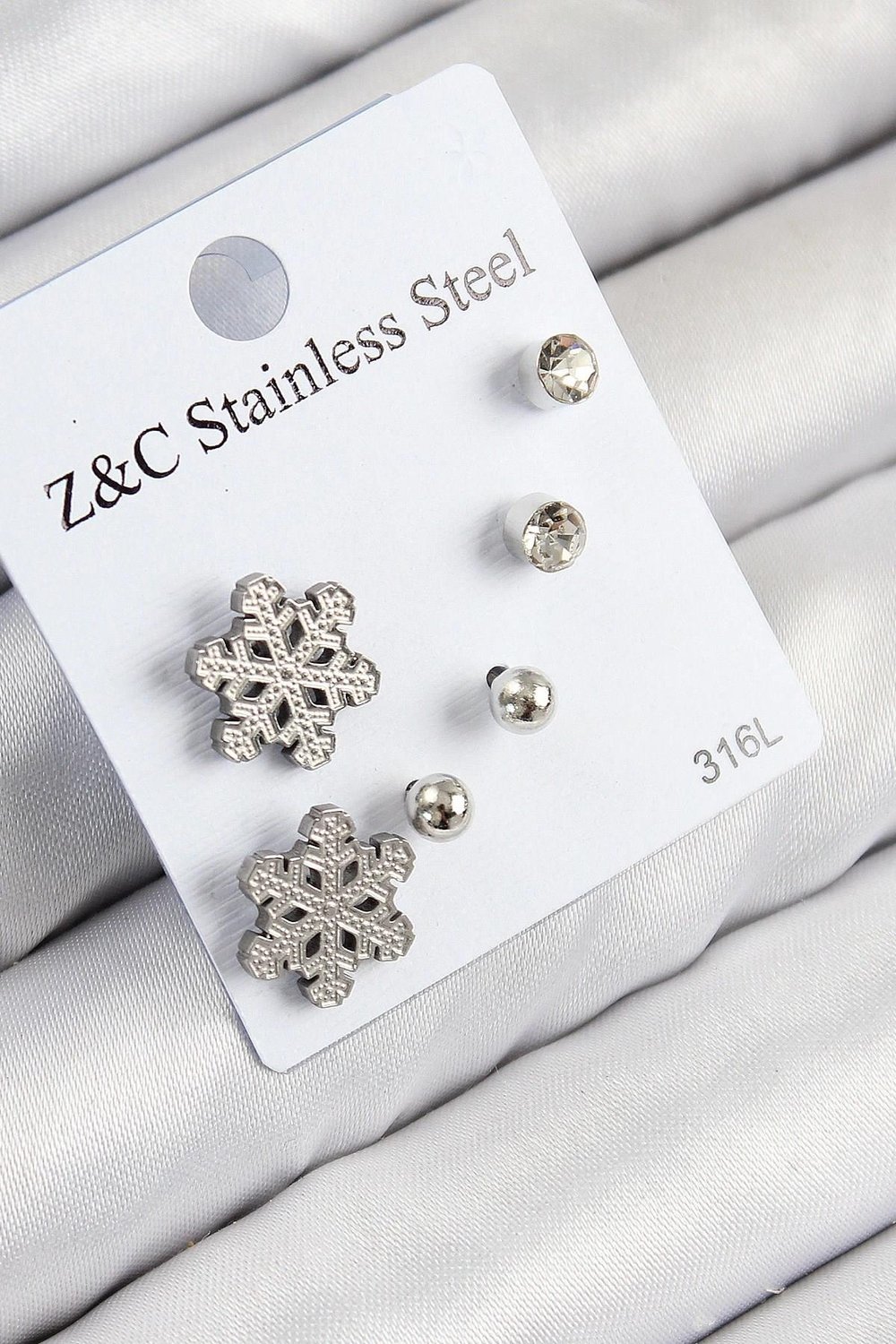 Mey İthalat® 316L Çelik Zirkon Taşlı Kar Tanesi Model Gümüş Renk Kadın Set Küpe