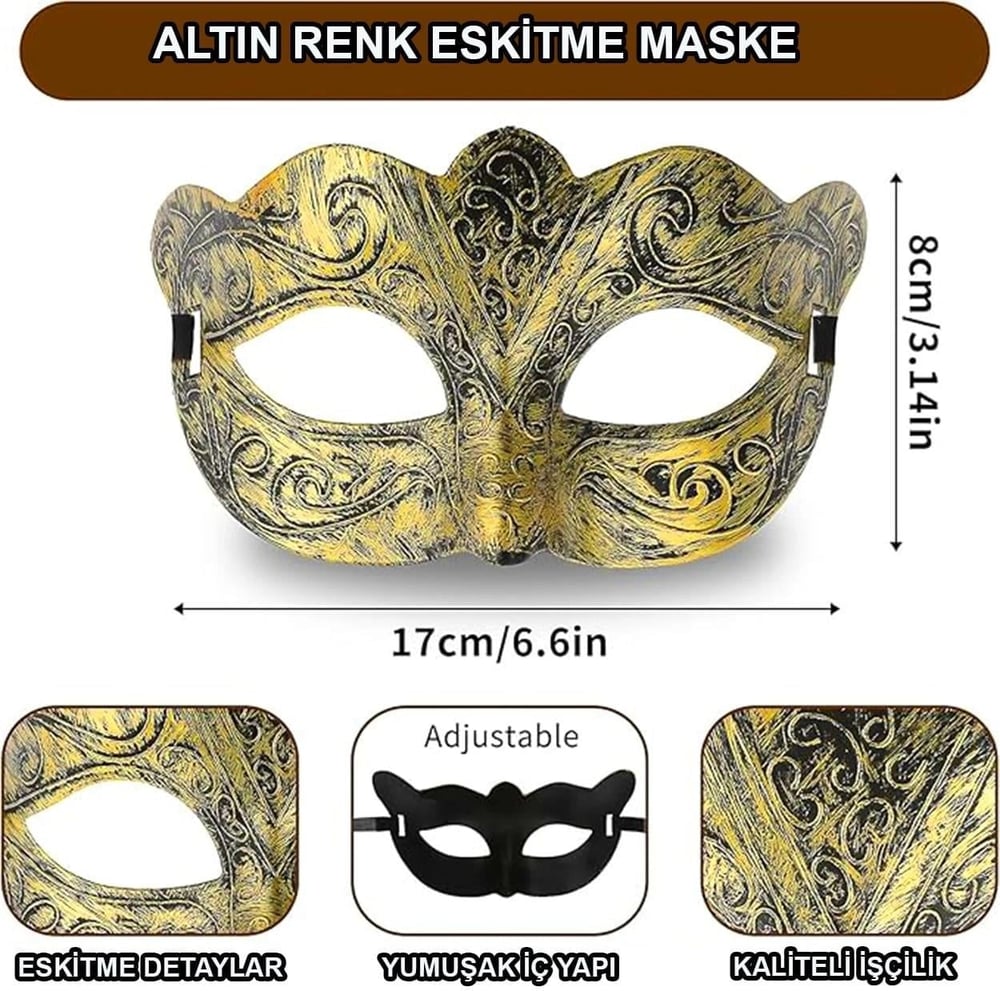 Mey İthalat® Altın Renk Eskitme Maskeli Balo Maskesi – Venedik Tarzı Parti Maskesi