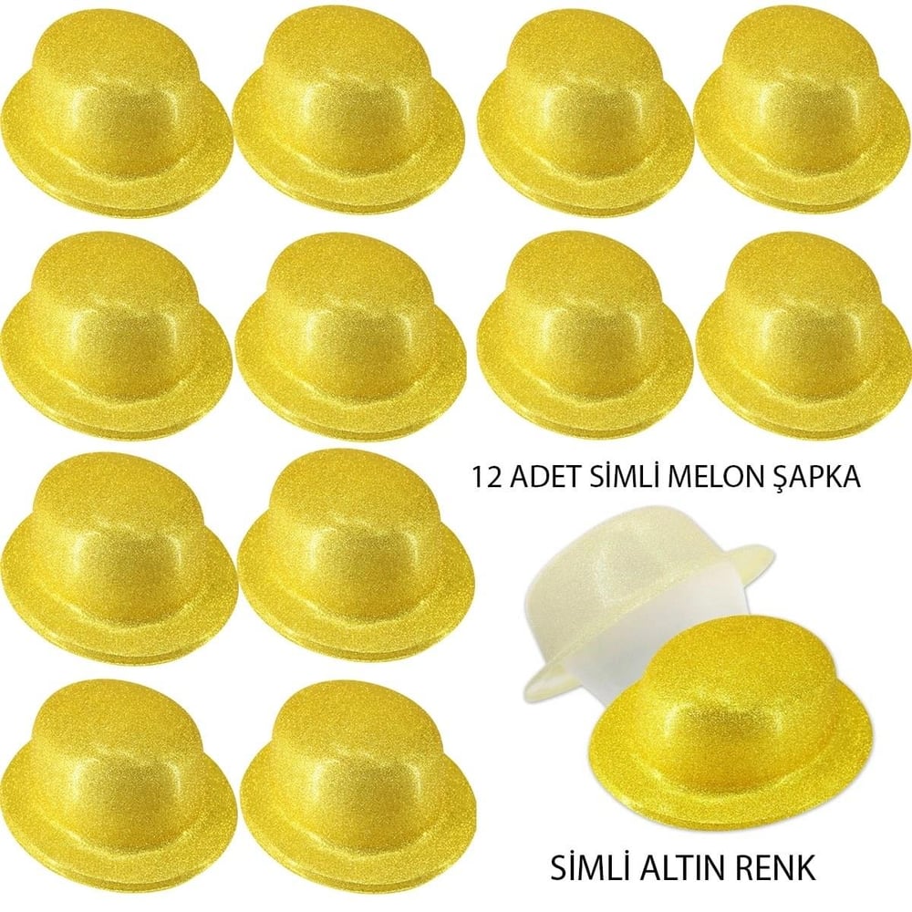 Mey İthalat® Altın Renk Simli Melon Yuvarlak Parti Şapkası 12 Adet