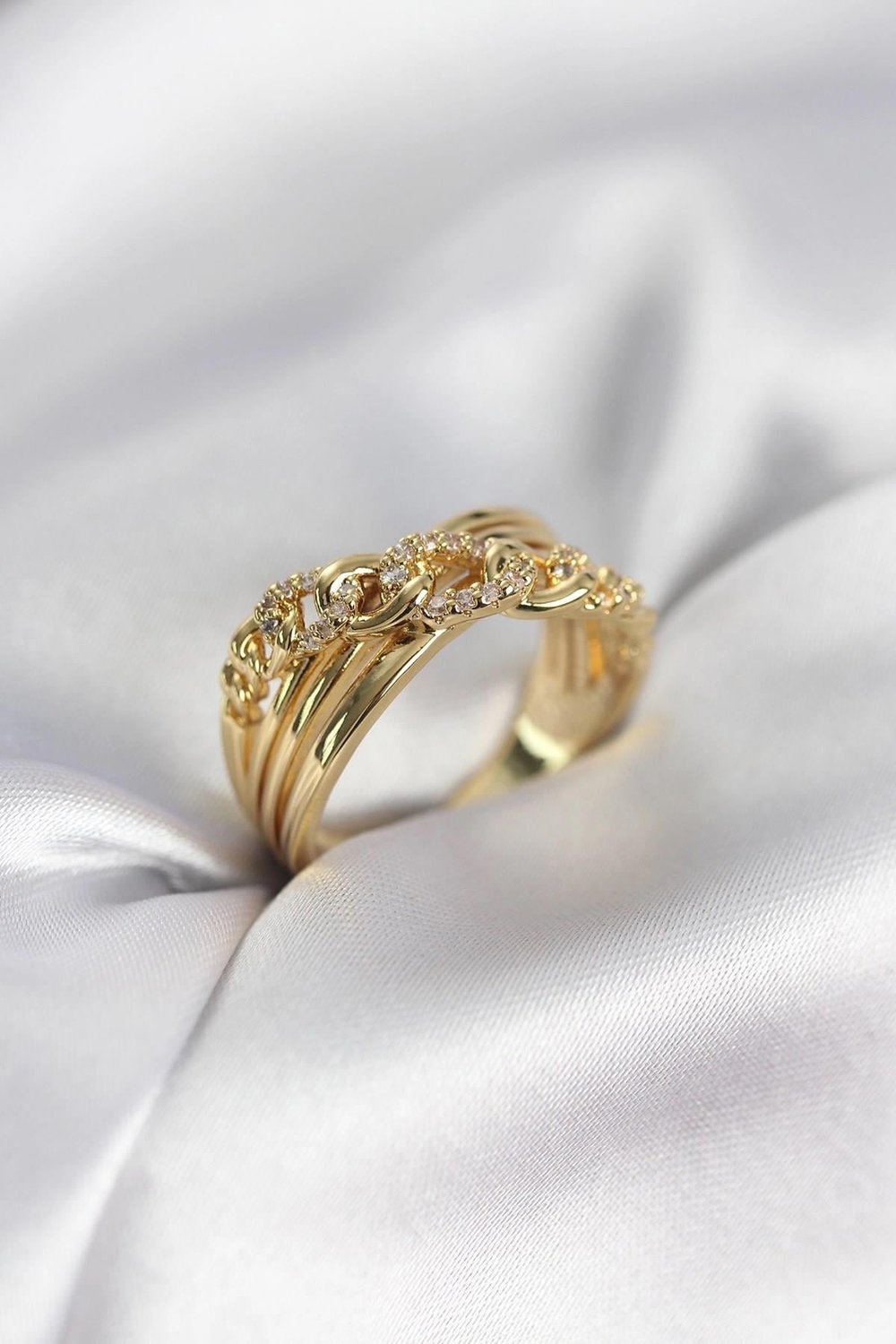 Mey İthalat® Gold Renk Zirkon Taşlı Zincir Model Kadın Yüzük