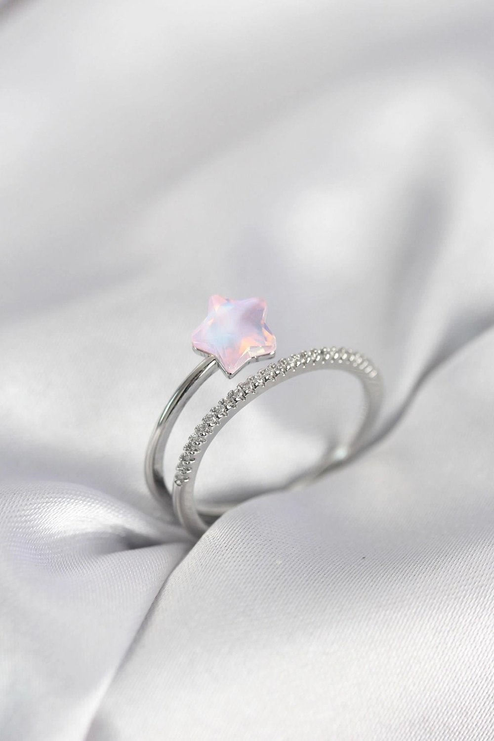 Mey İthalat® Gümüş Renk Zirkon Taşlı Pembe Halley Model Kadın Yüzük