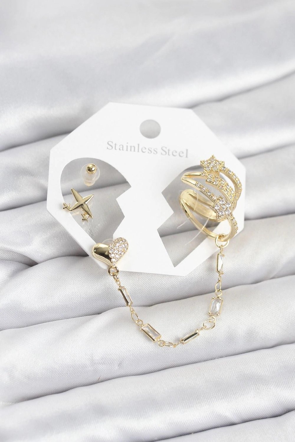 Mey İthalat® Kalp Yıldız Model Pirinç Gold Renk Zincir Bağlantılı Ear Cuff Küpe Seti