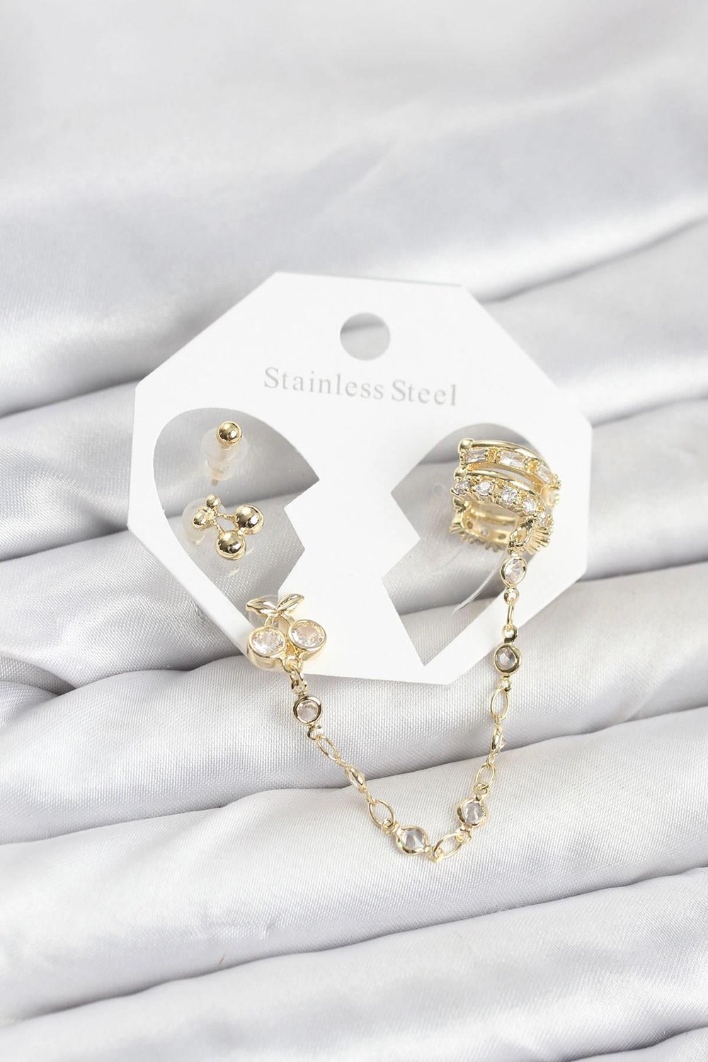 Mey İthalat® Kiraz Model Pirinç Gold Renk Zincir Bağlantılı Ear Cuff Küpe Seti