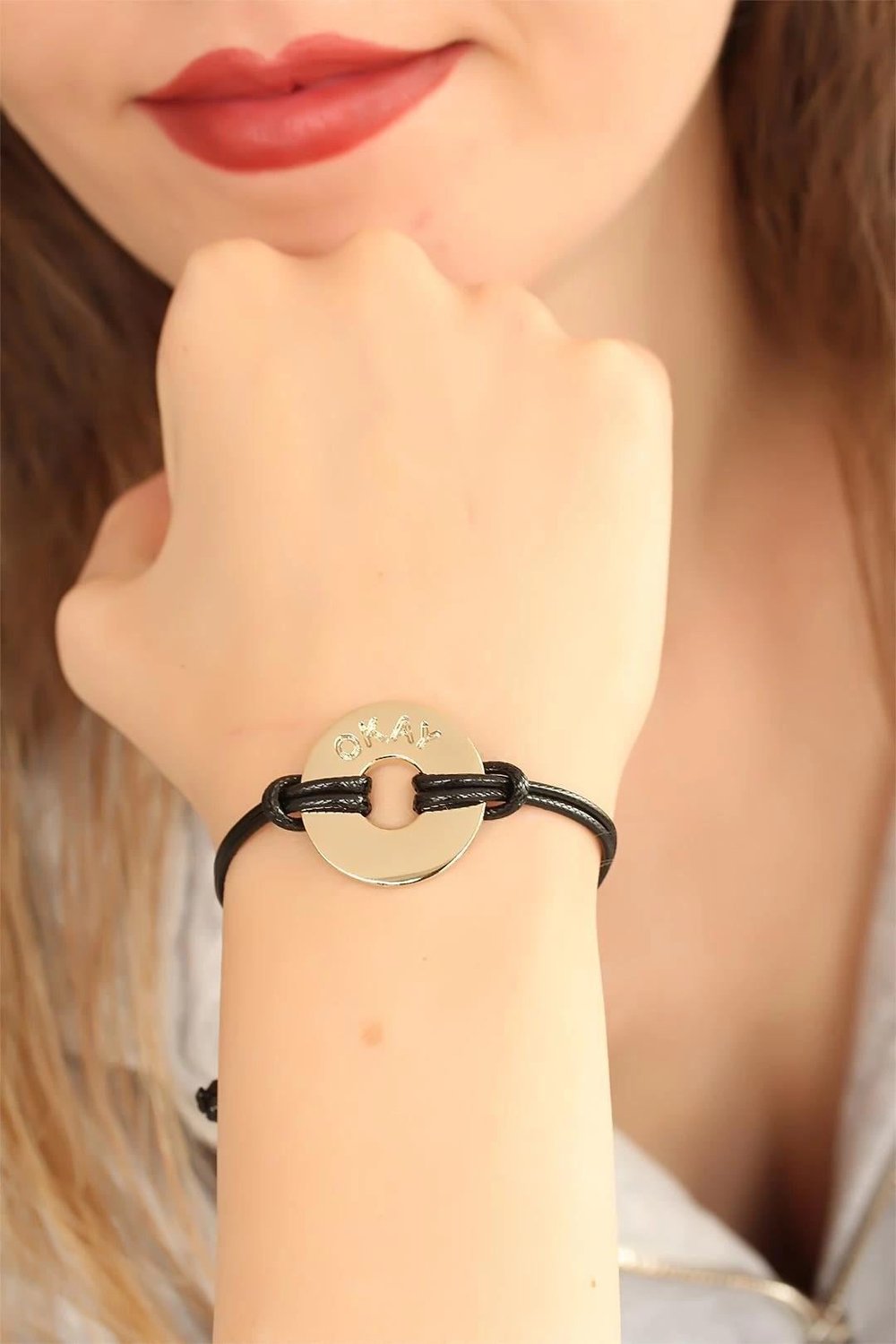Mey İthalat® OKAY (İyi) Siyah Deri İpli Unisex Mood Bileklik