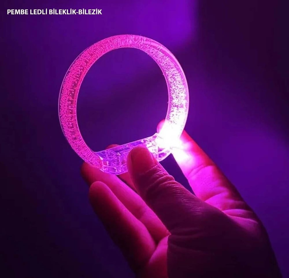 Mey İthalat® Pembe Led Işıklı Baskı Yapılabilen Pilli Bileklik Bilezik 1,5 cm Genişlik