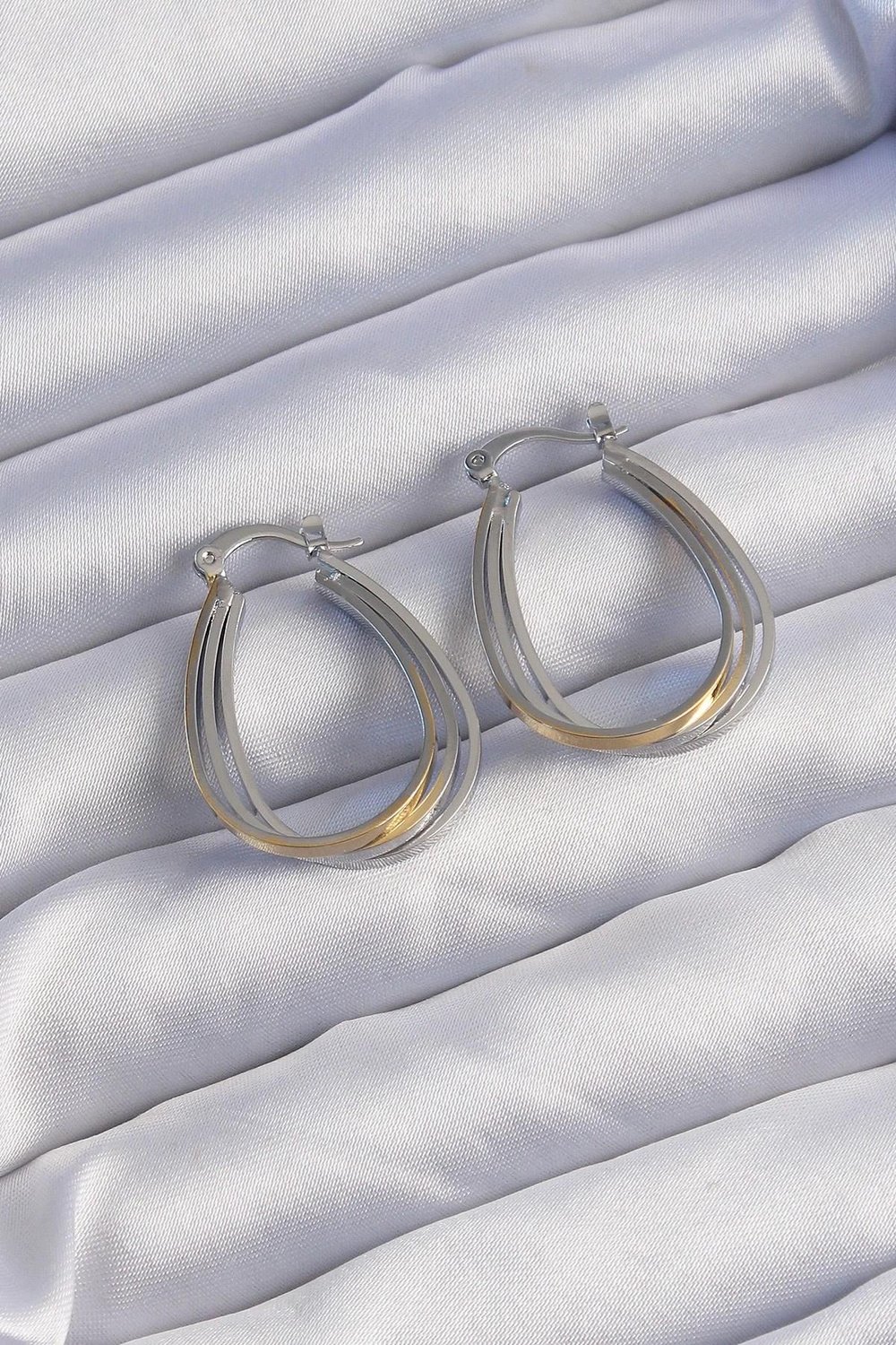 Mey İthalat® Pirinç Gold Gümüş Renkli Oval Çoklu Görünümlü Küpe