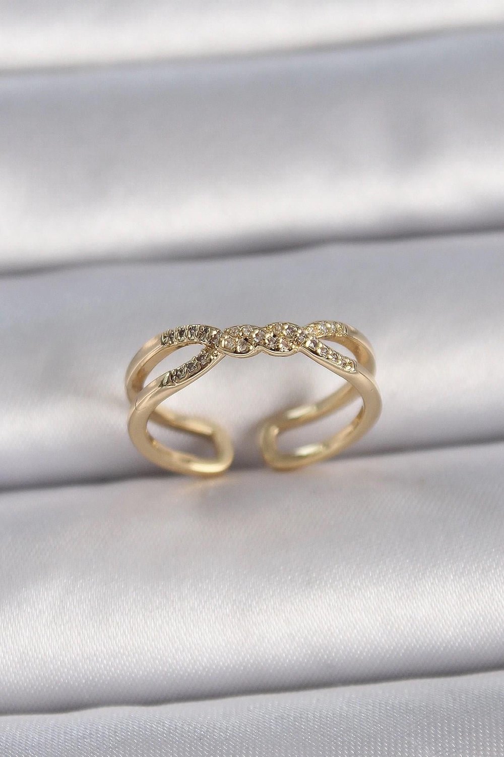 Mey İthalat® Pirinç Gold Renk Ayarlanabilir Zirkon Taşlı Sarmal Model Kadın Yüzük