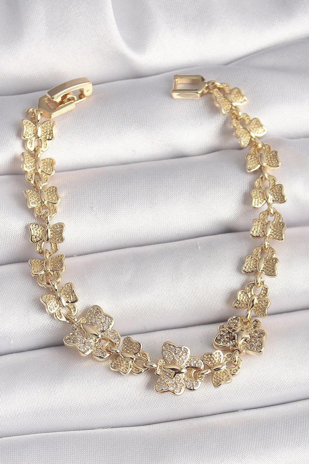 Mey İthalat® Pirinç Gold Renk Zirkon Taşlı Kelebek Model Zincir Kadın Bileklik
