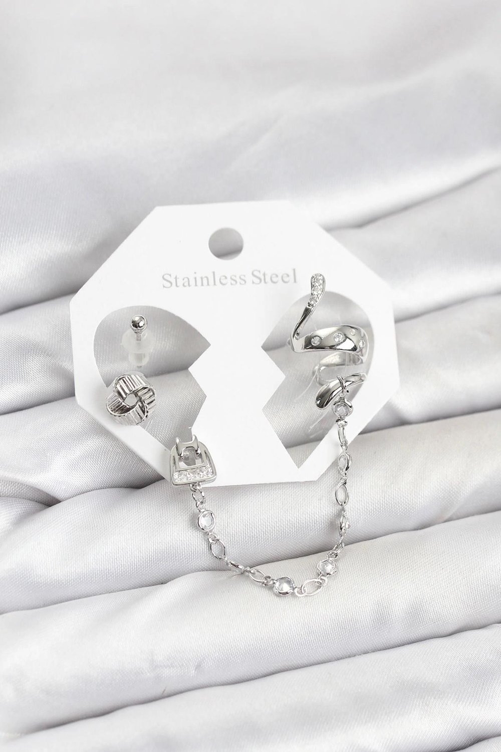 Mey İthalat® Pirinç Gümüş Renk Yılan Model Zincir Bağlantılı Ear Cuff Küpe Seti