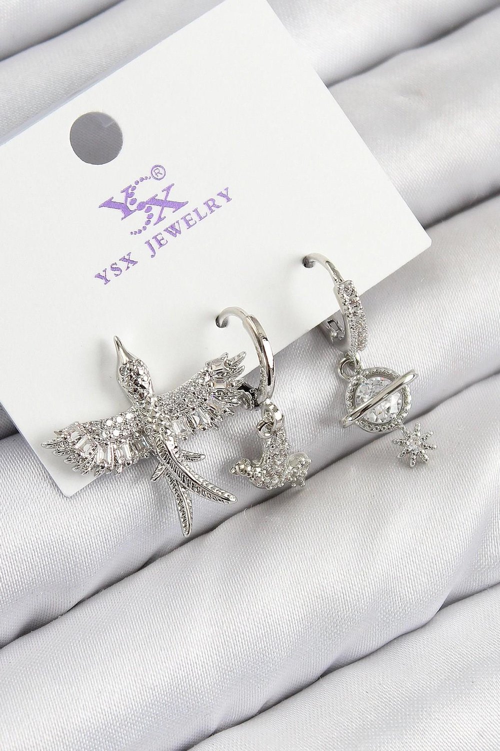 Mey İthalat® Pirinç Zirkon Taşlı 3'lü Kuş Model Gümüş Renk Kadın Küpe