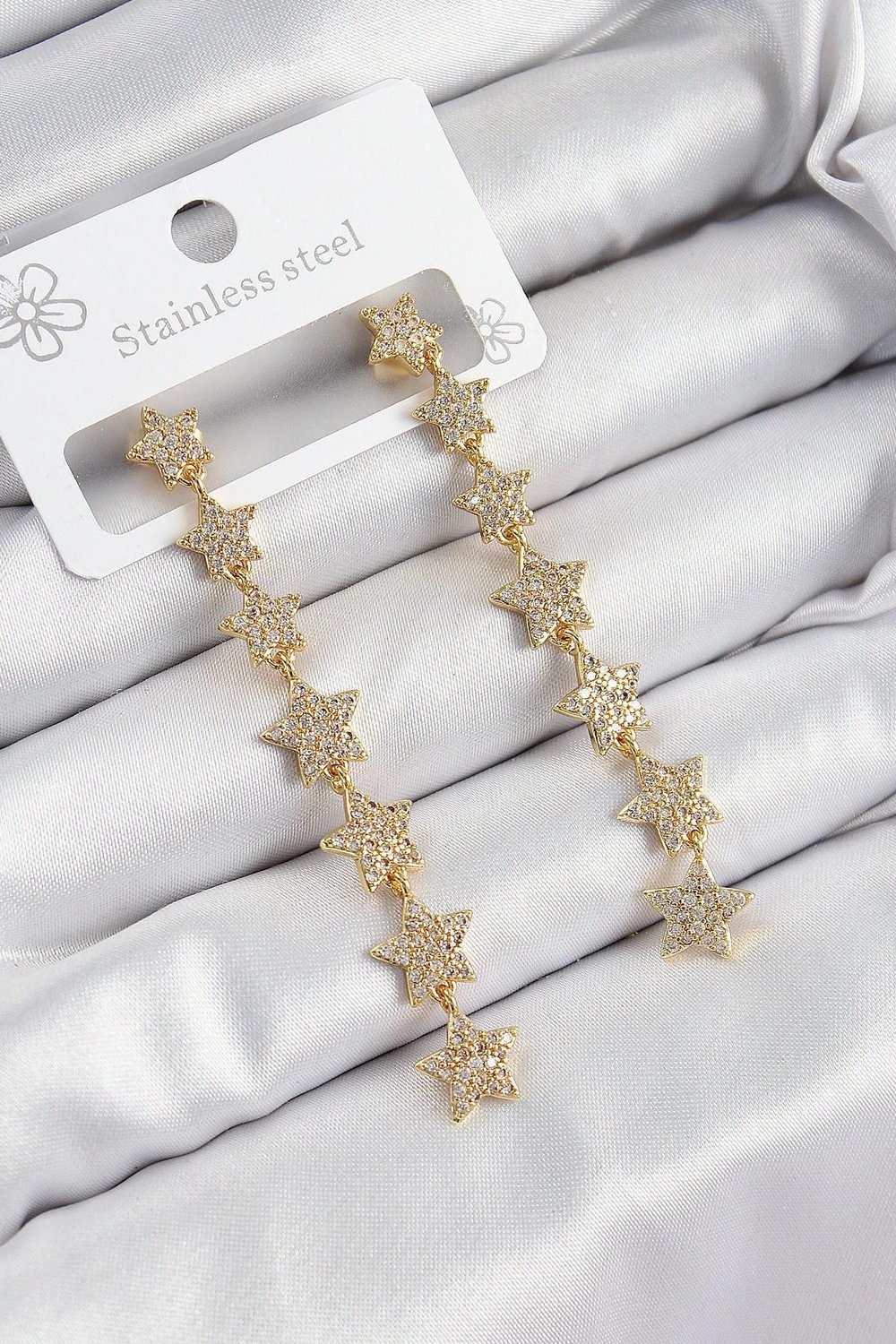 Mey İthalat® Pirinç Zirkon Taşlı Sallantılı Yıldız Model Gold Renk Kadın Küpe