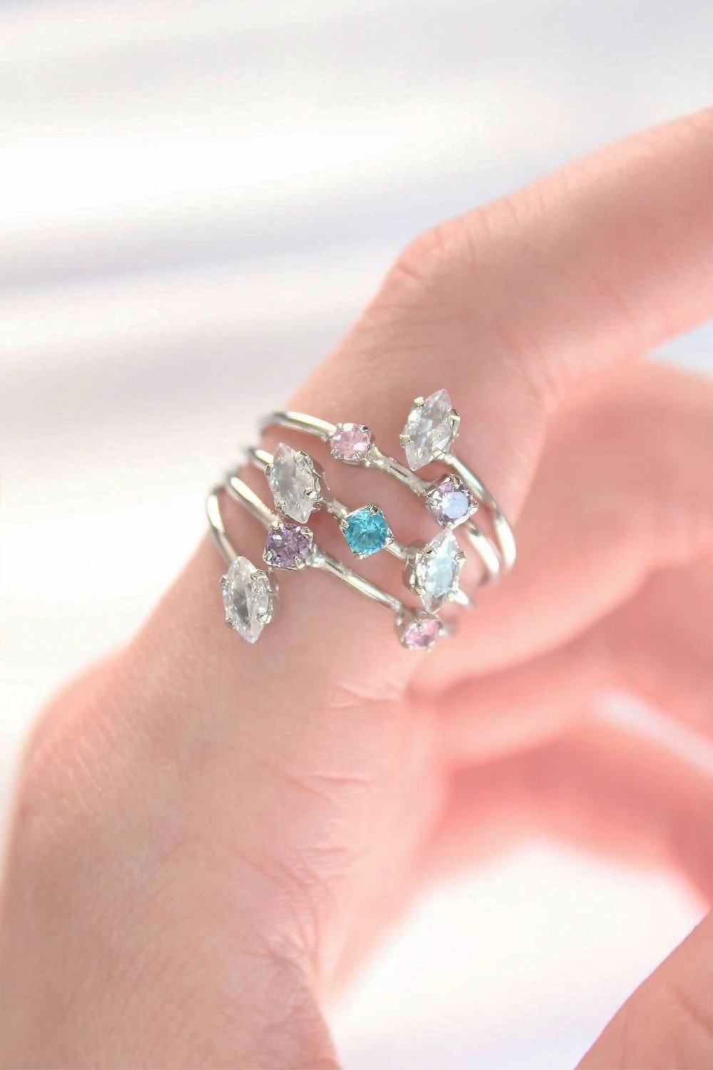 Mey İthalat® Renkli Zirkon Taşlı Silver Renk Ayarlanabilir Yüzük