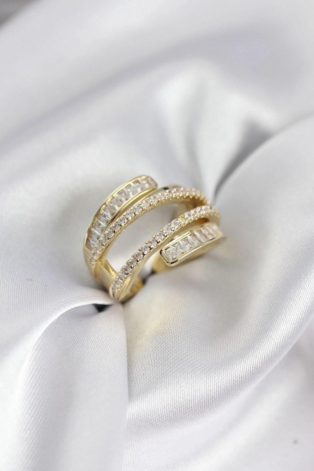 Mey İthalat® Sarmal Zirkon Baget Taşlı Gold Renk Kadın Yüzük
