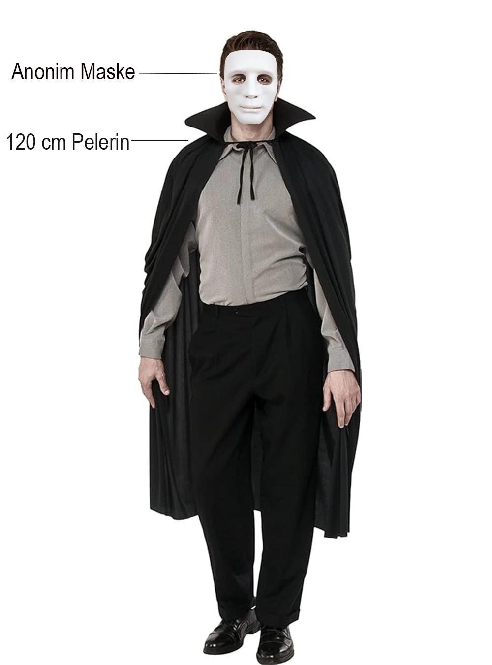 Mey İthalat® Siyah Renk Yakalı 120 cm Pelerin ve Beyaz Anonim Maske