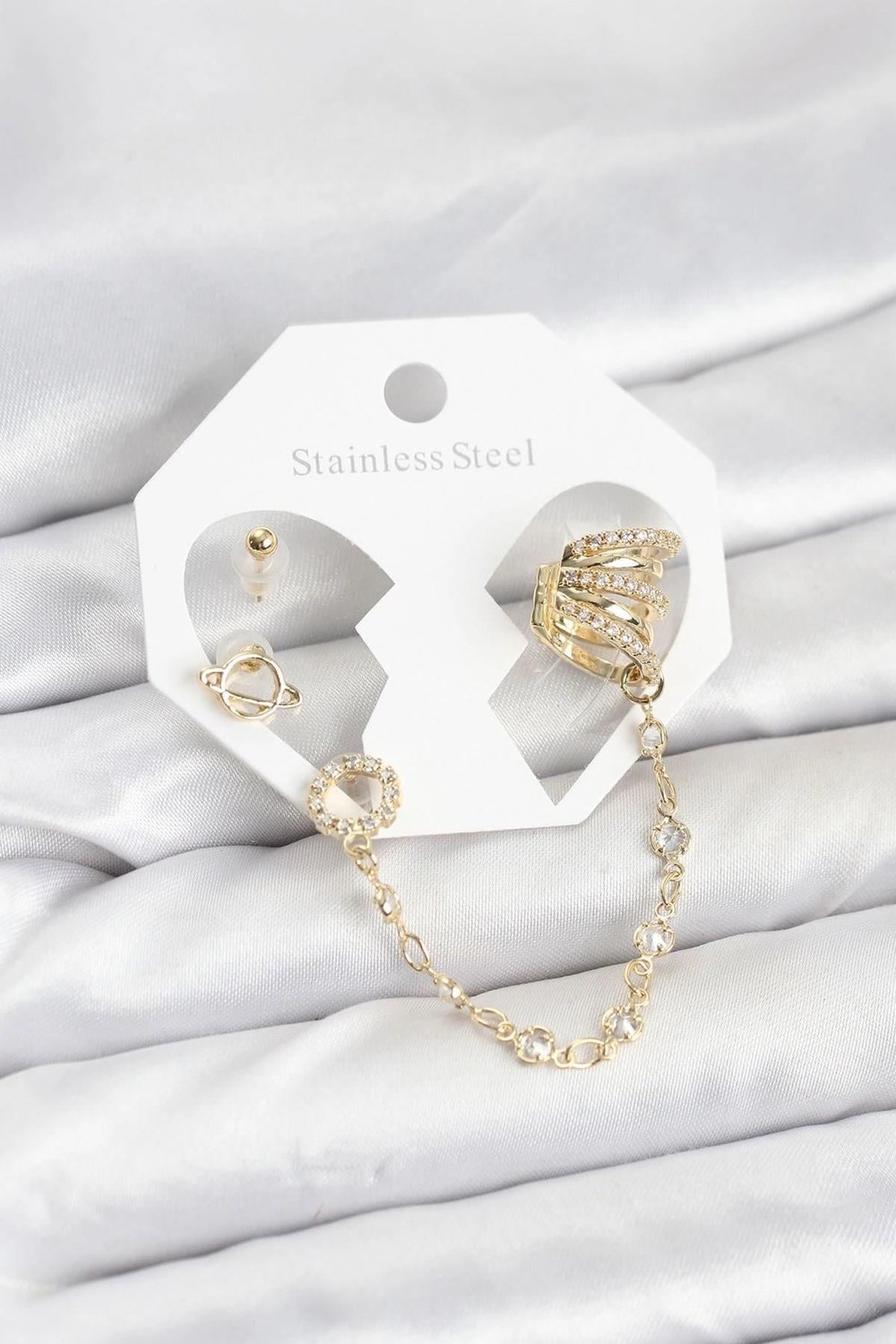 Mey İthalat® Uzay Model Pirinç Gold Renk Zincir Bağlantılı Ear Cuff Küpe Seti