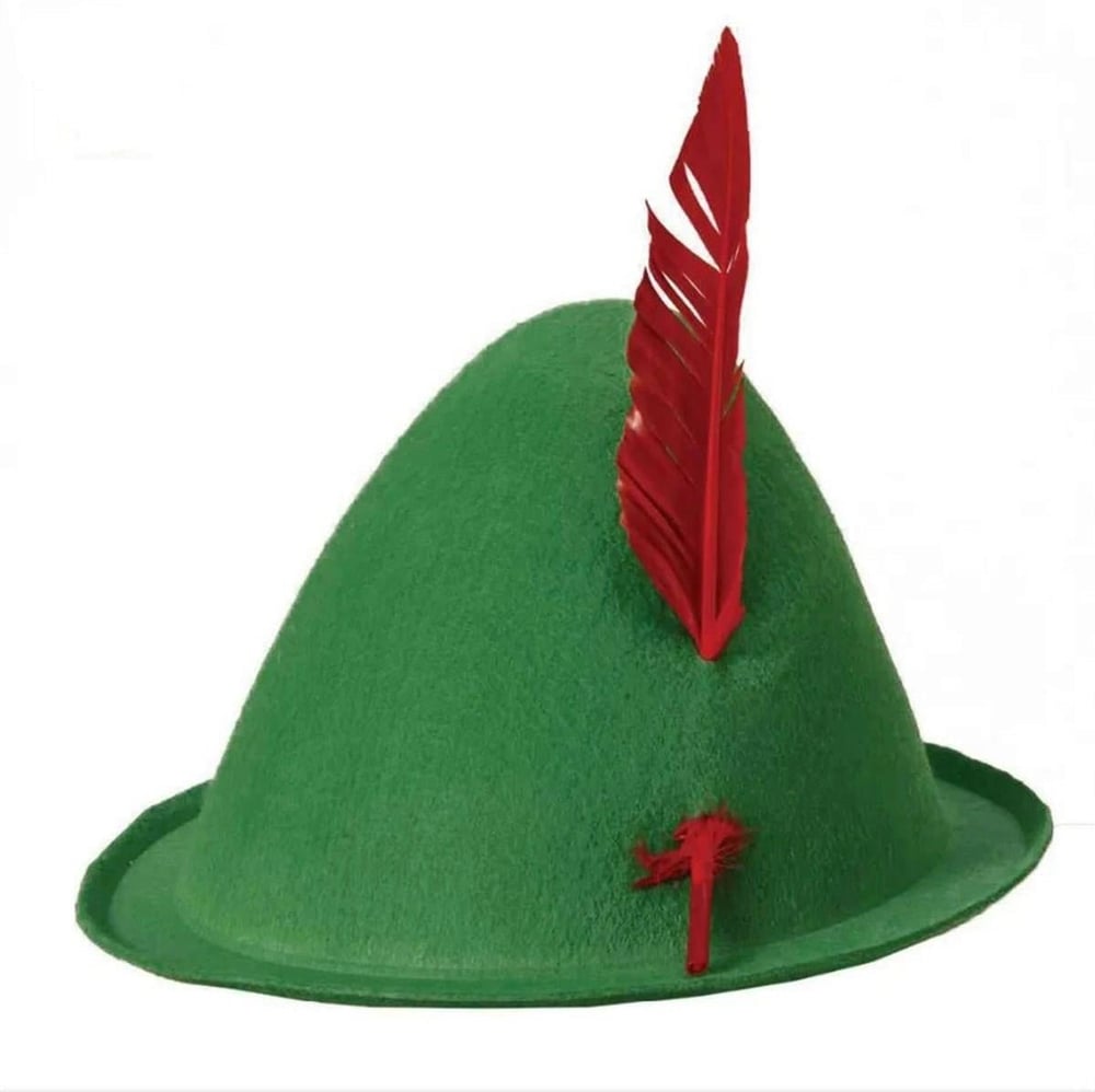 Mey İthalat® Yeşil Renk Kırmızı Tüylü Peter Pan Şapkası Robin Hood Şapkası 24X23 cm